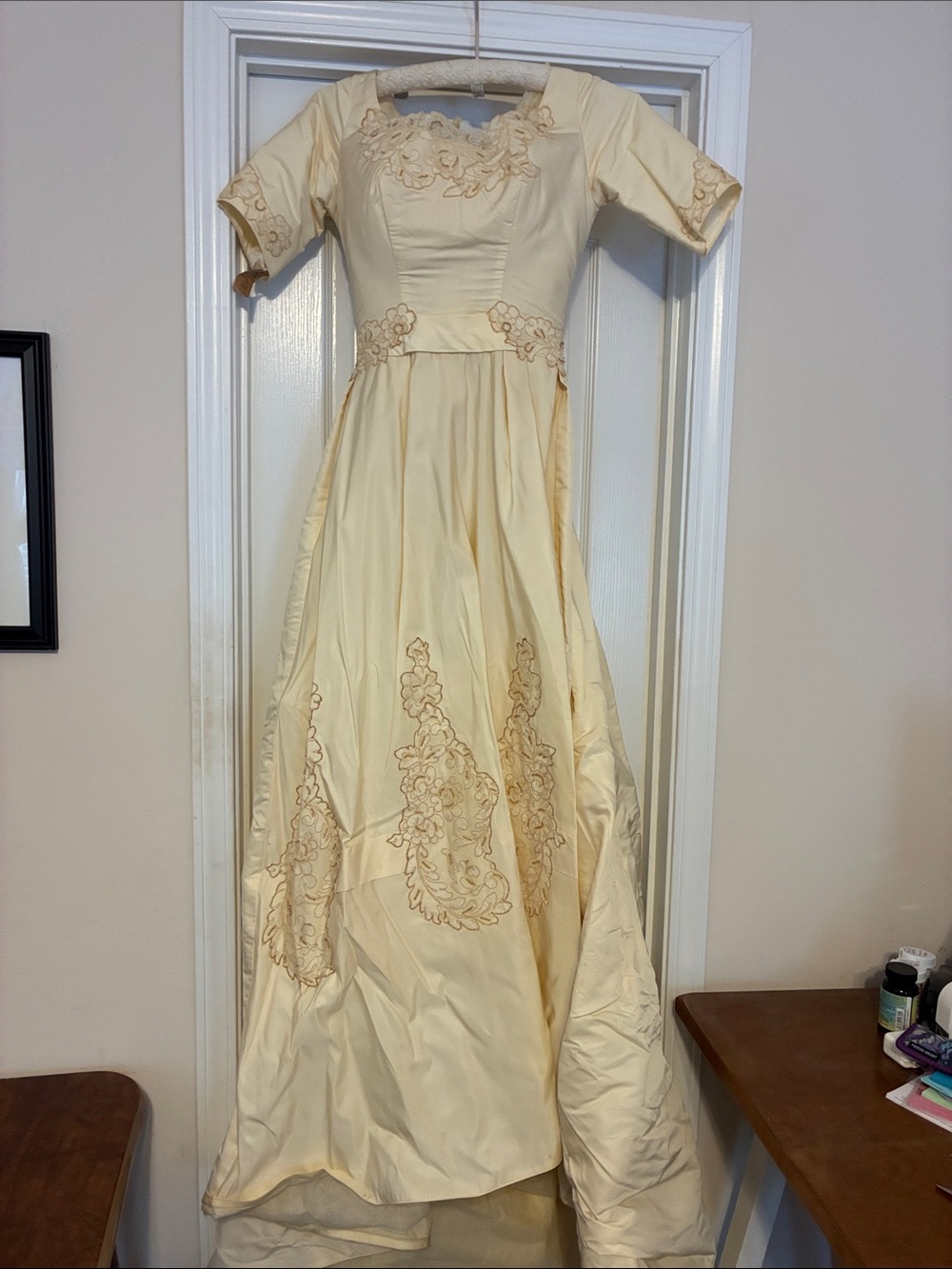 Antique Wedding Dress Cream Embroidered Maxi Dress with Floral Appliqué